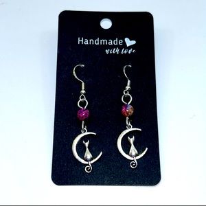 Handmade Sterling Silver and Sea Sediment Stone Crescent Moon & Cat Earrings!